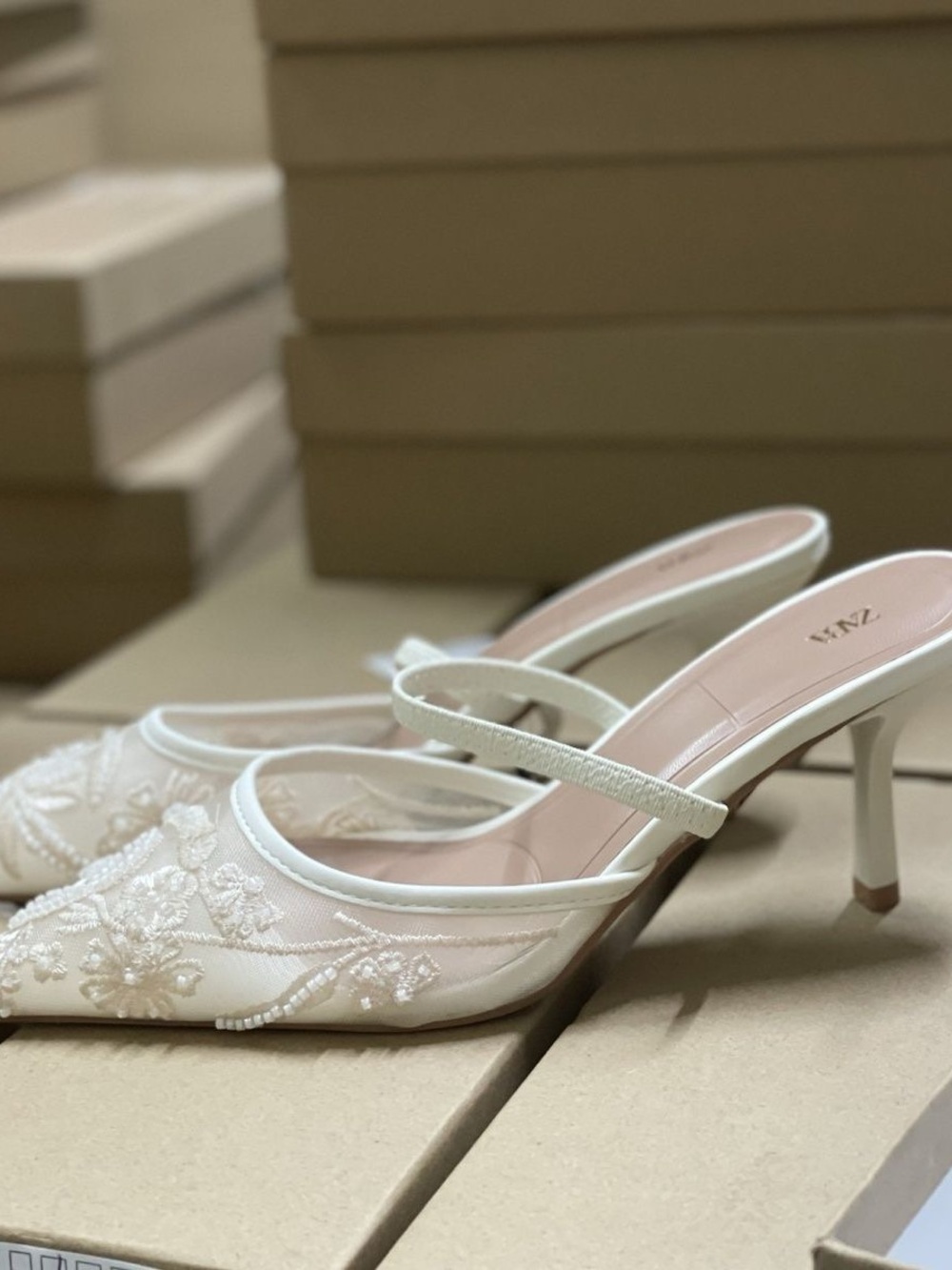 Zara Ivory Embroidered Pointed-Toe Mules
